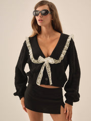 Frenchy Pointelle Knit Cardigan Black