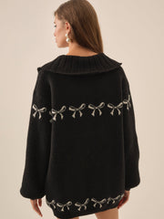 Bow Intarsia Knit Sweater Black