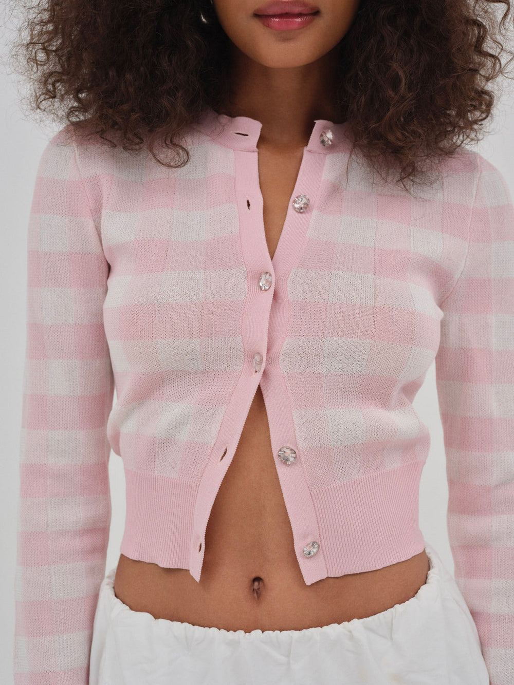 Brushed Gingham Knit Cardigan Pink