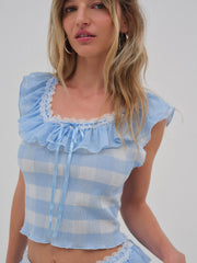 Brushed Gingham Knit Top Blue