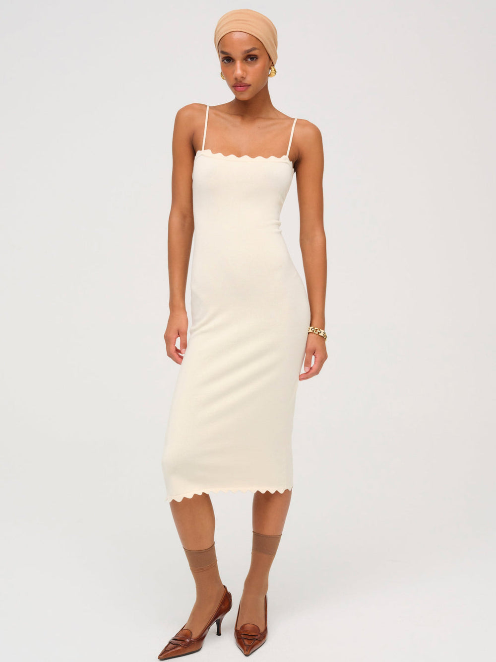 Sisi Scallop Knit Midi Dress Cream