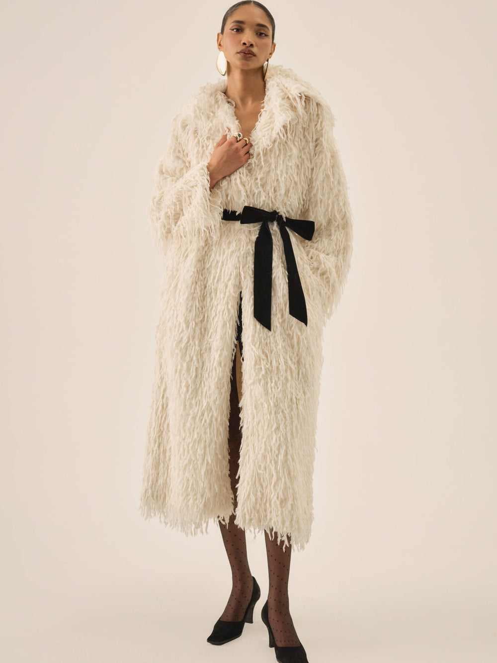 Ruffle Faux Feather Coat Cream