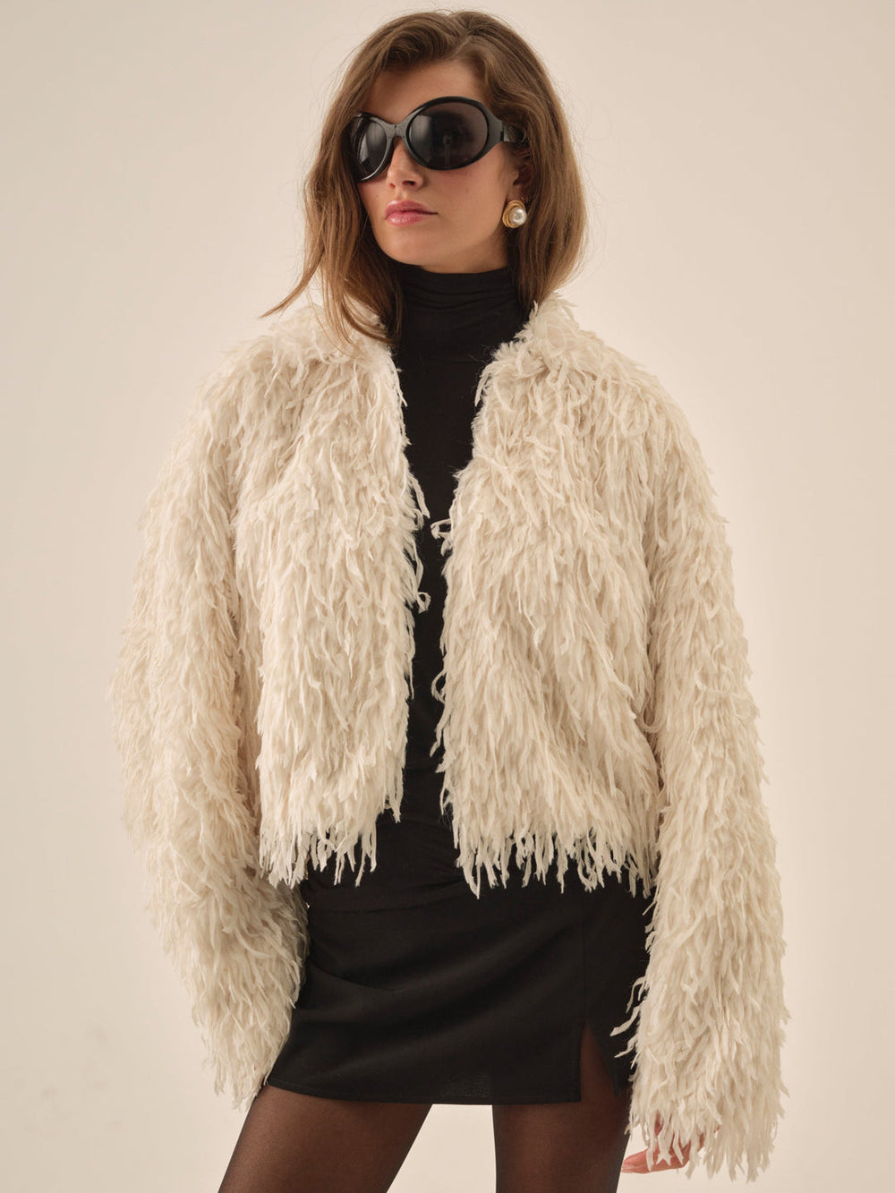 Ruffle Faux Feather Jacket Cream