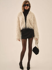 Ruffle Faux Feather Jacket Cream