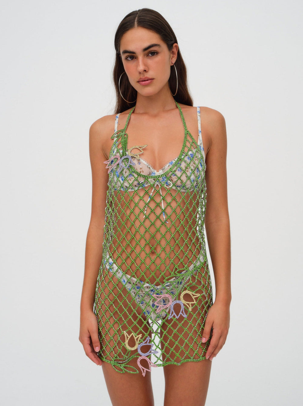 Tulip Grid Rhinestone Dress Green