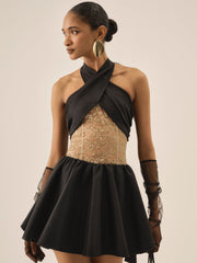 Shimmering Petals Mini Dress Black