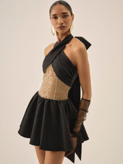 Shimmering Petals Mini Dress Black