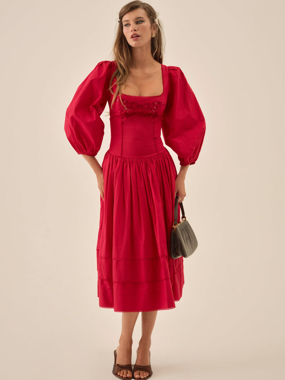 Betsy Bow Midi Dress Red