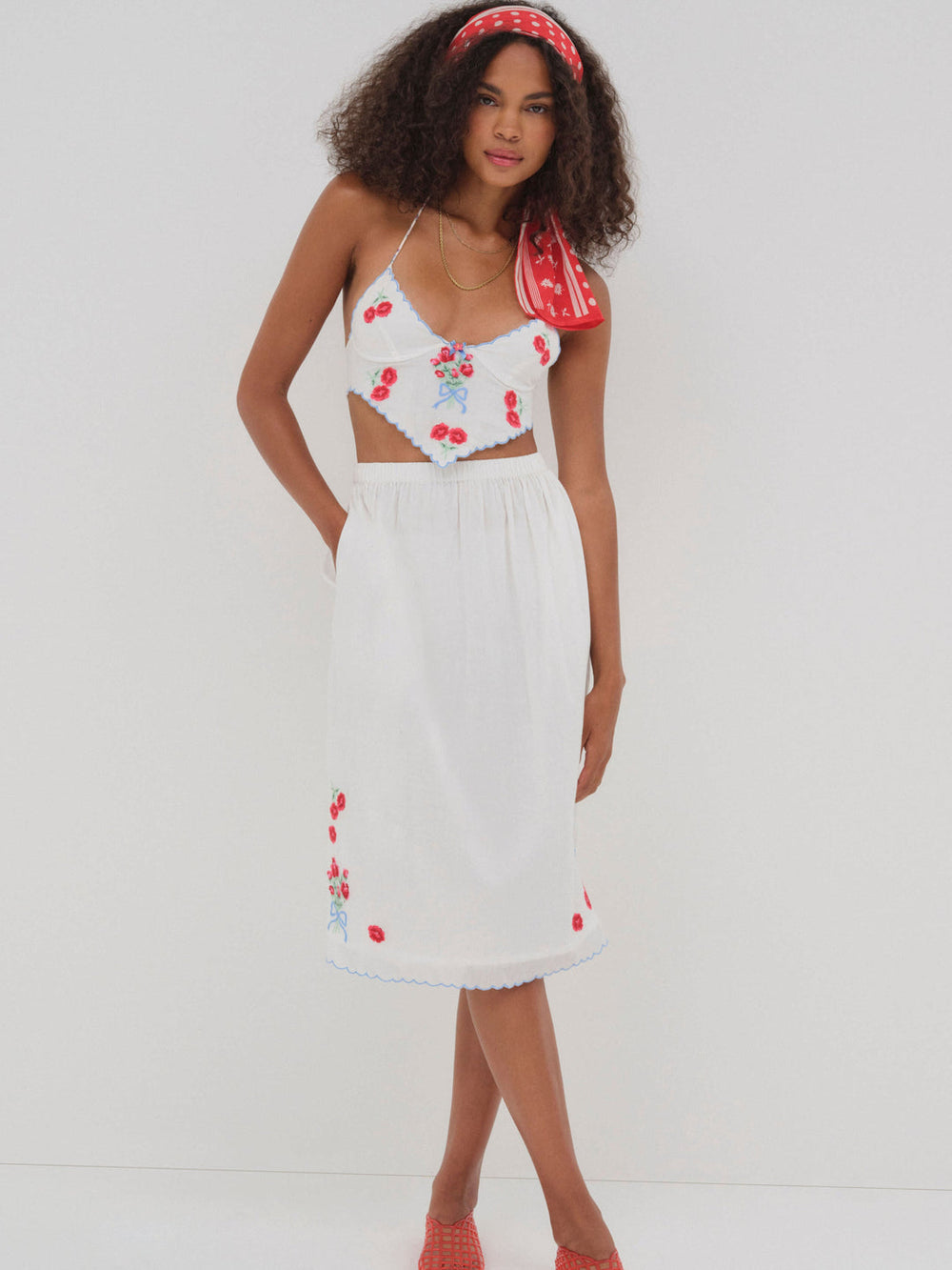Forget Me Not Embroidery Midi Skirt White