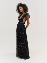 Poppy Pleated Lace Maxi Dress Black