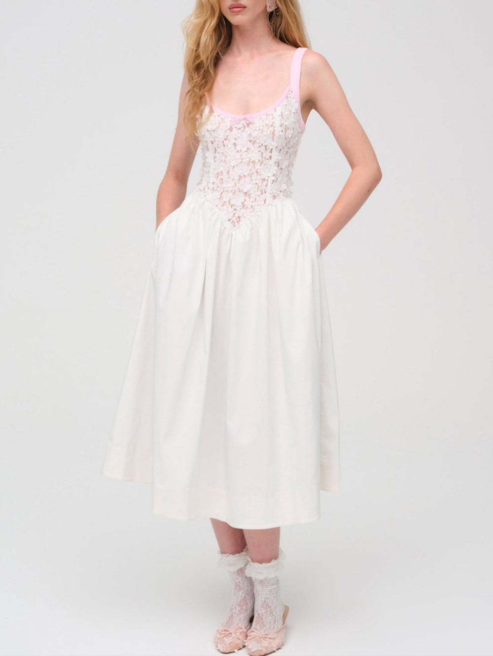 Stacked Blossom Lace Midi Dress White