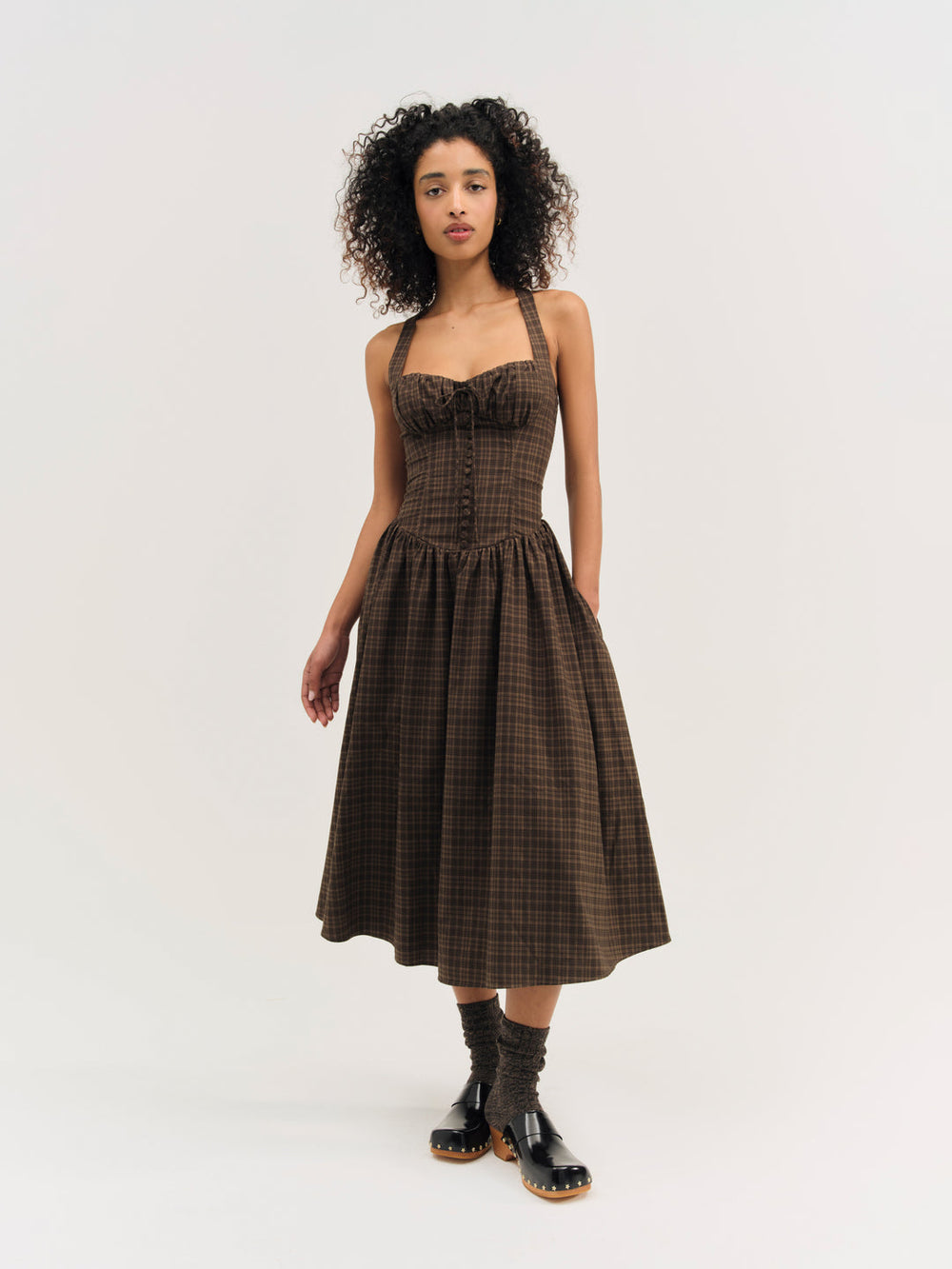 University Plaid Midi Dress Brown
