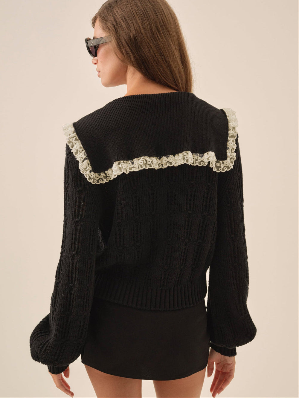 Frenchy Pointelle Knit Cardigan Black