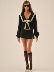 Frenchy Pointelle Knit Cardigan Black