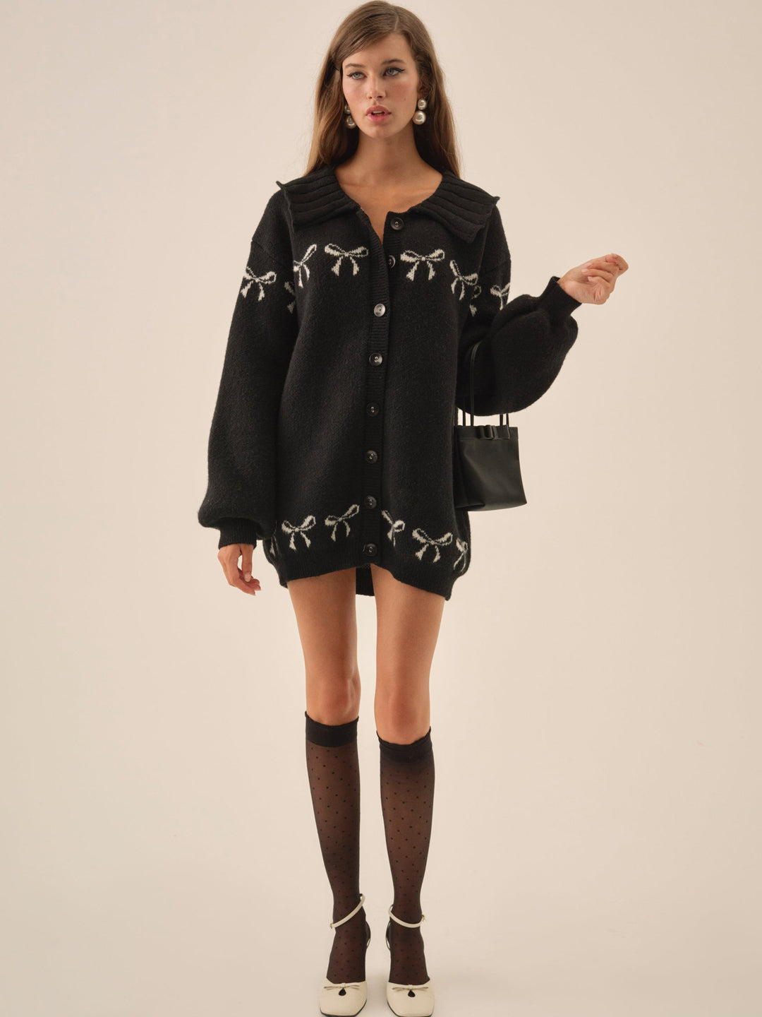 Bow Intarsia Knit Sweater Black