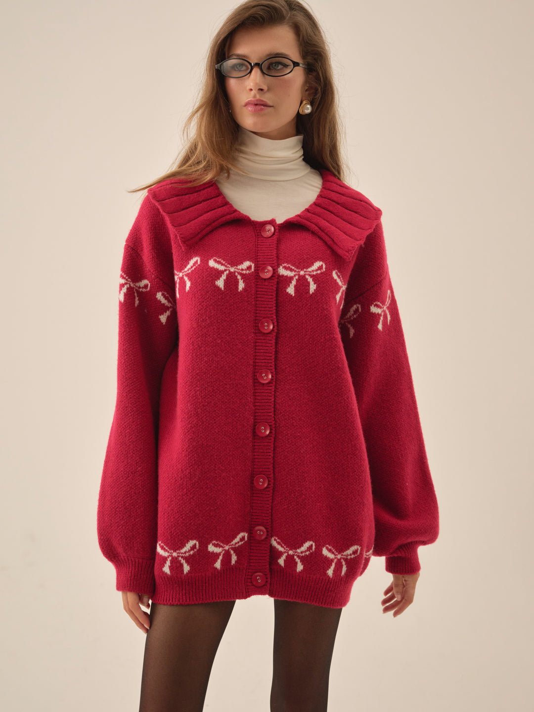 Bow Intarsia Knit Sweater Red