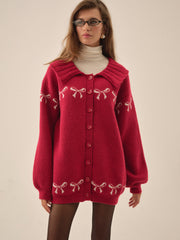 Bow Intarsia Knit Sweater Red