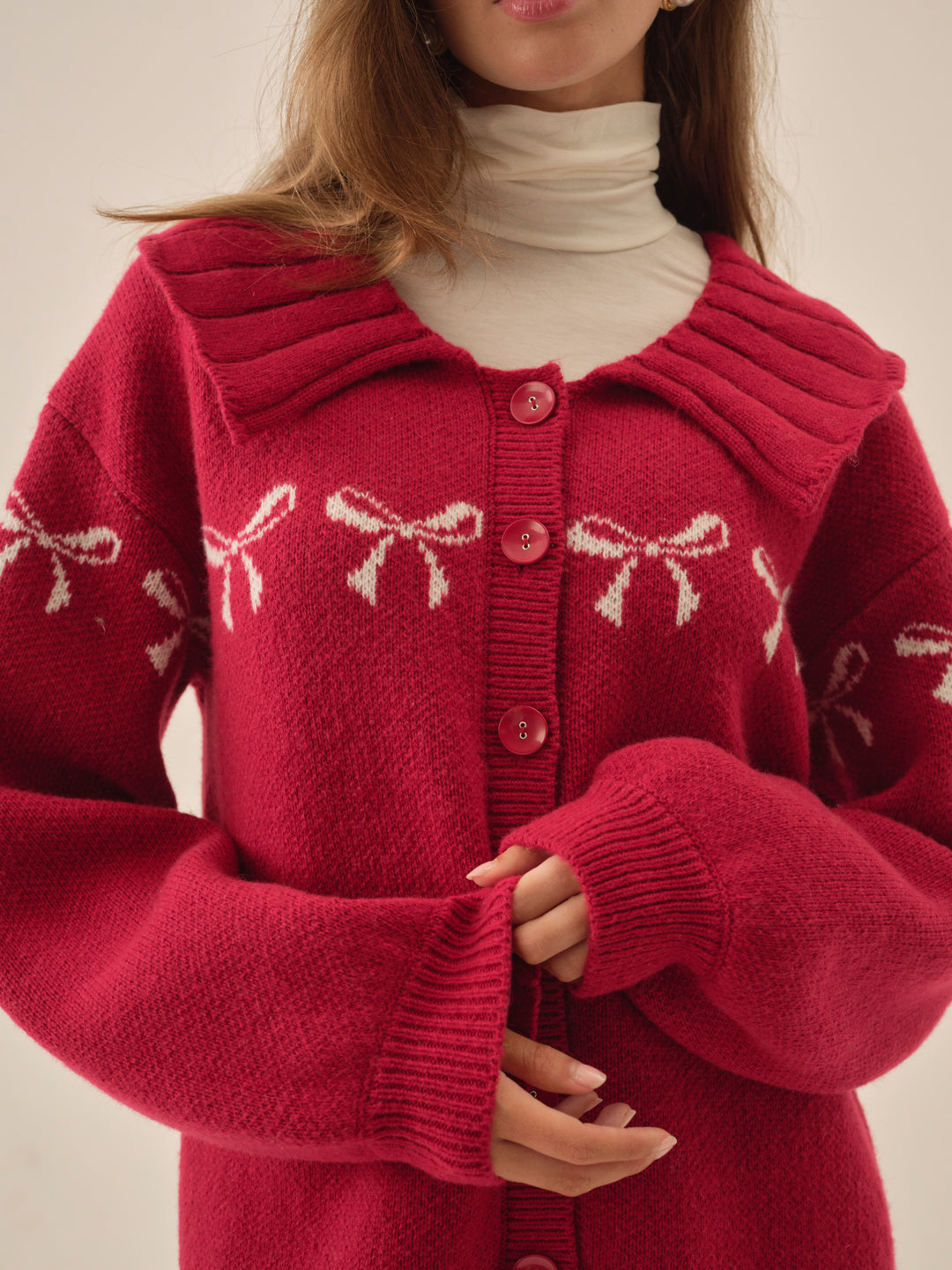 Bow Intarsia Knit Sweater Red