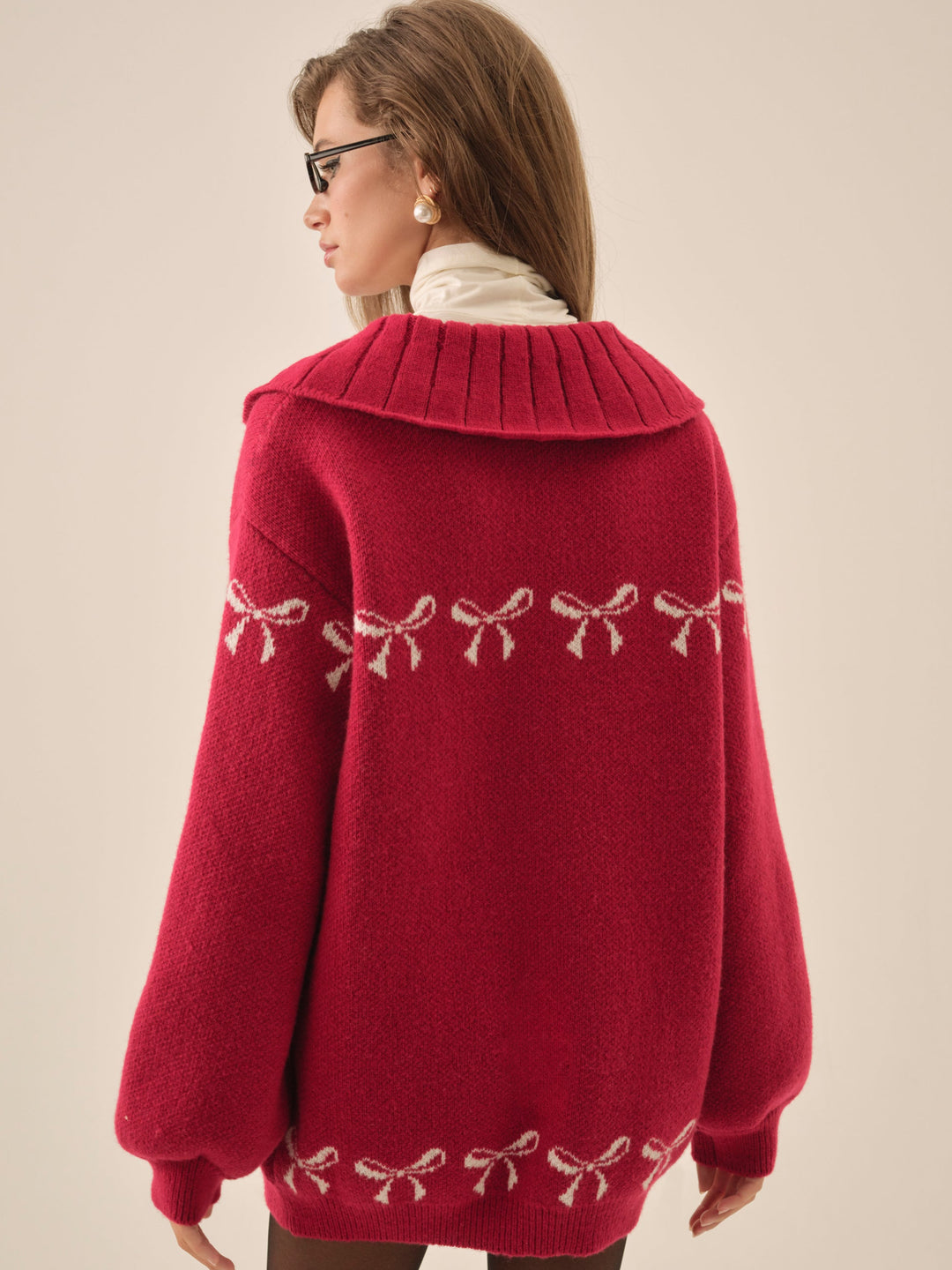 Bow Intarsia Knit Sweater Red