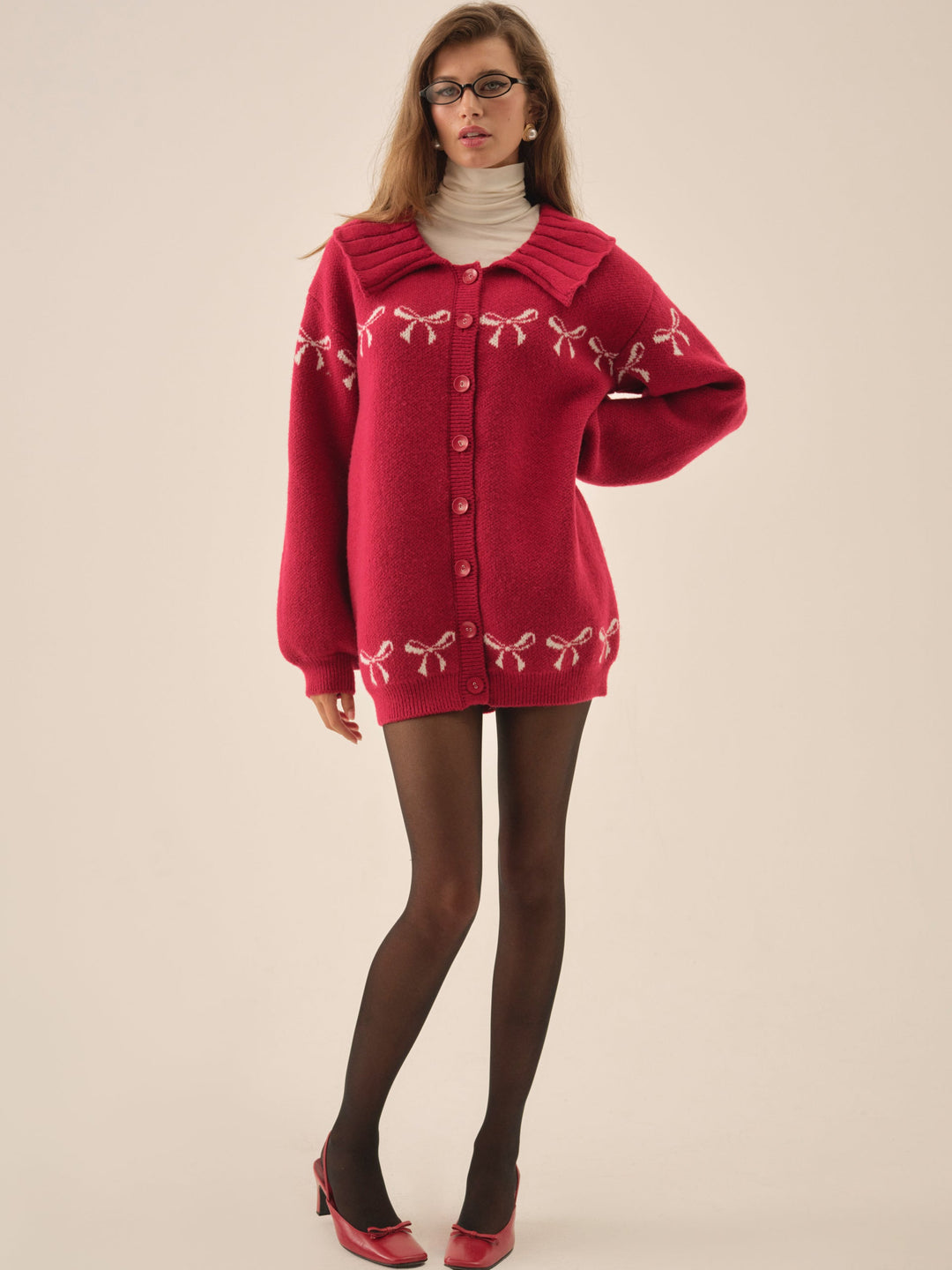 Bow Intarsia Knit Sweater Red