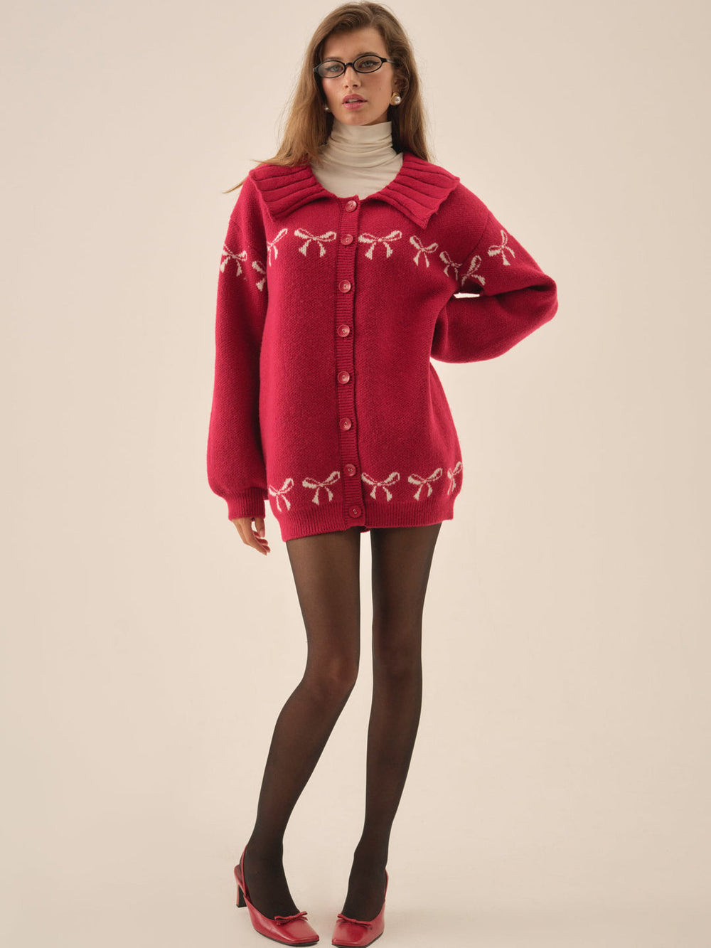 Bow Intarsia Knit Sweater Red