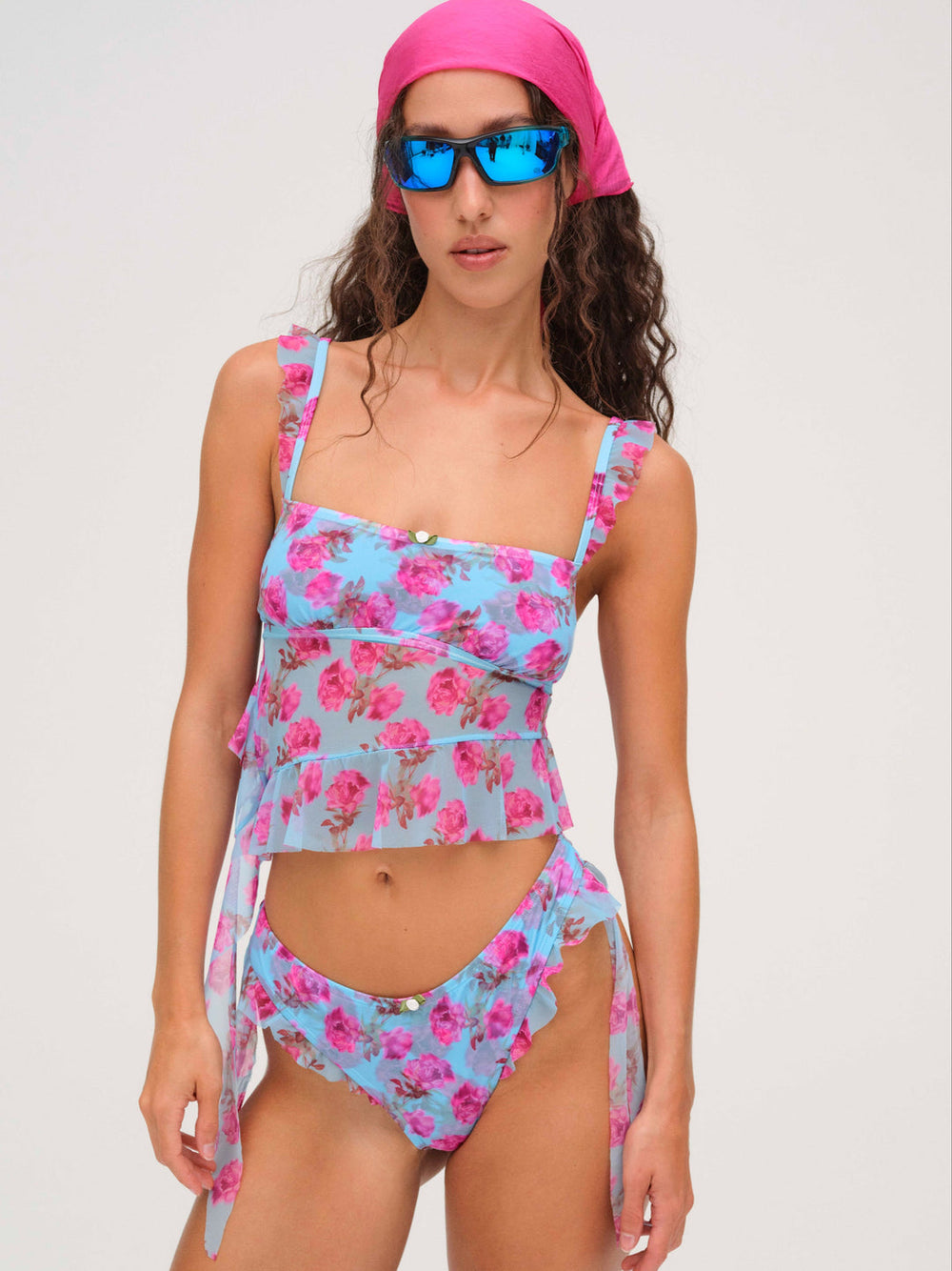 Floral Stems Ruffle Tankini Blue