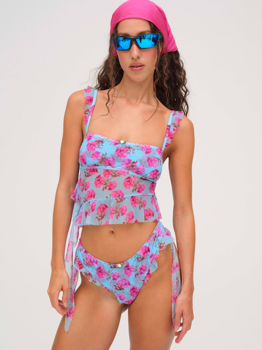 Floral Stems Ruffle Bikini Bottom Blue