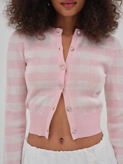 Brushed Gingham Knit Cardigan Pink
