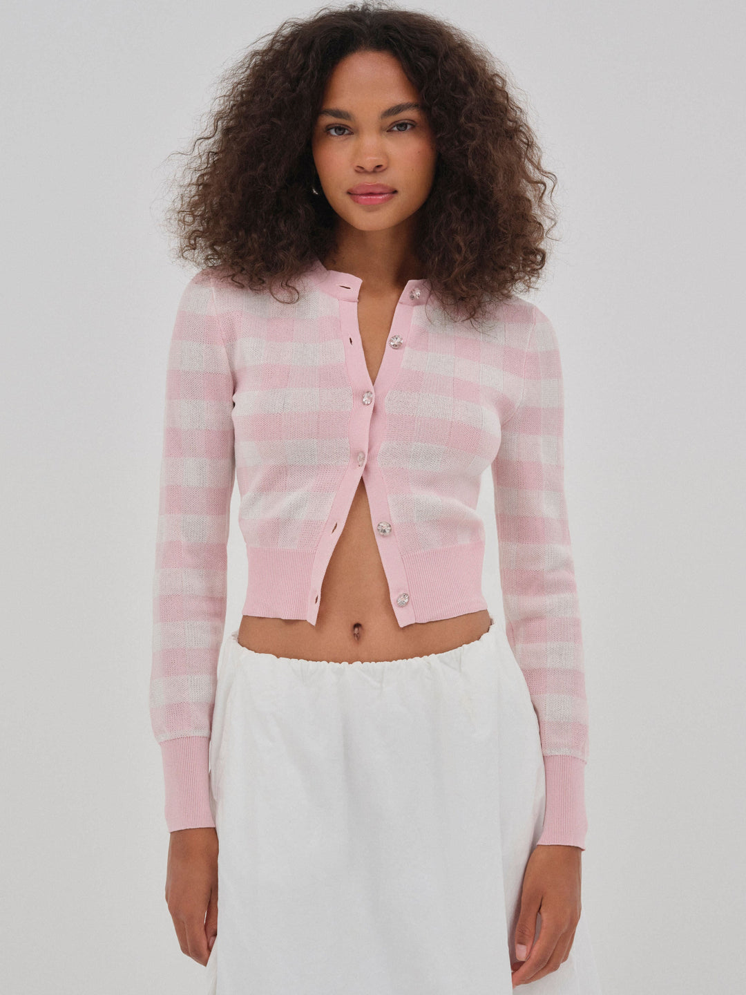 Brushed Gingham Knit Cardigan Pink