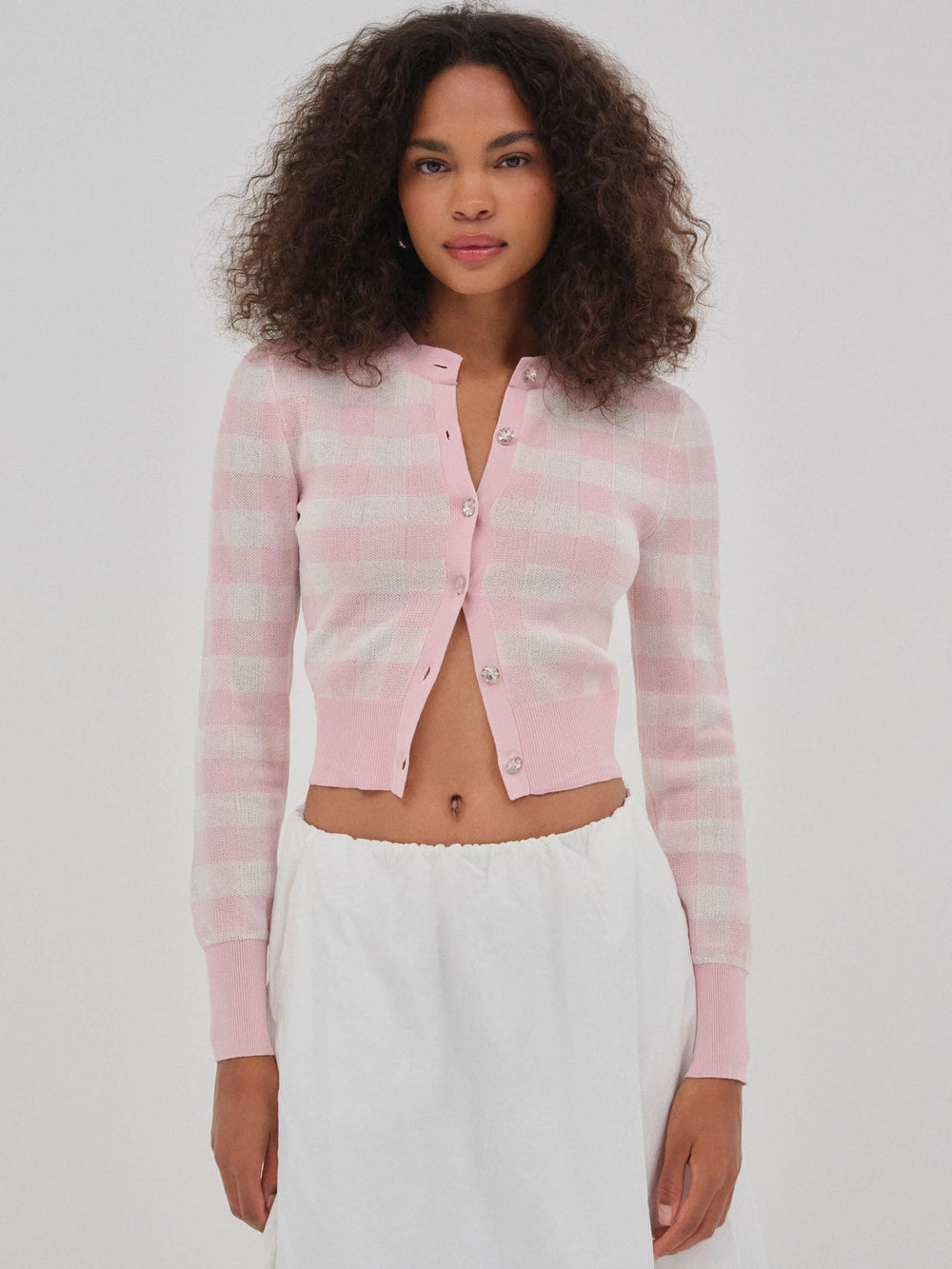 Brushed Gingham Knit Cardigan Pink