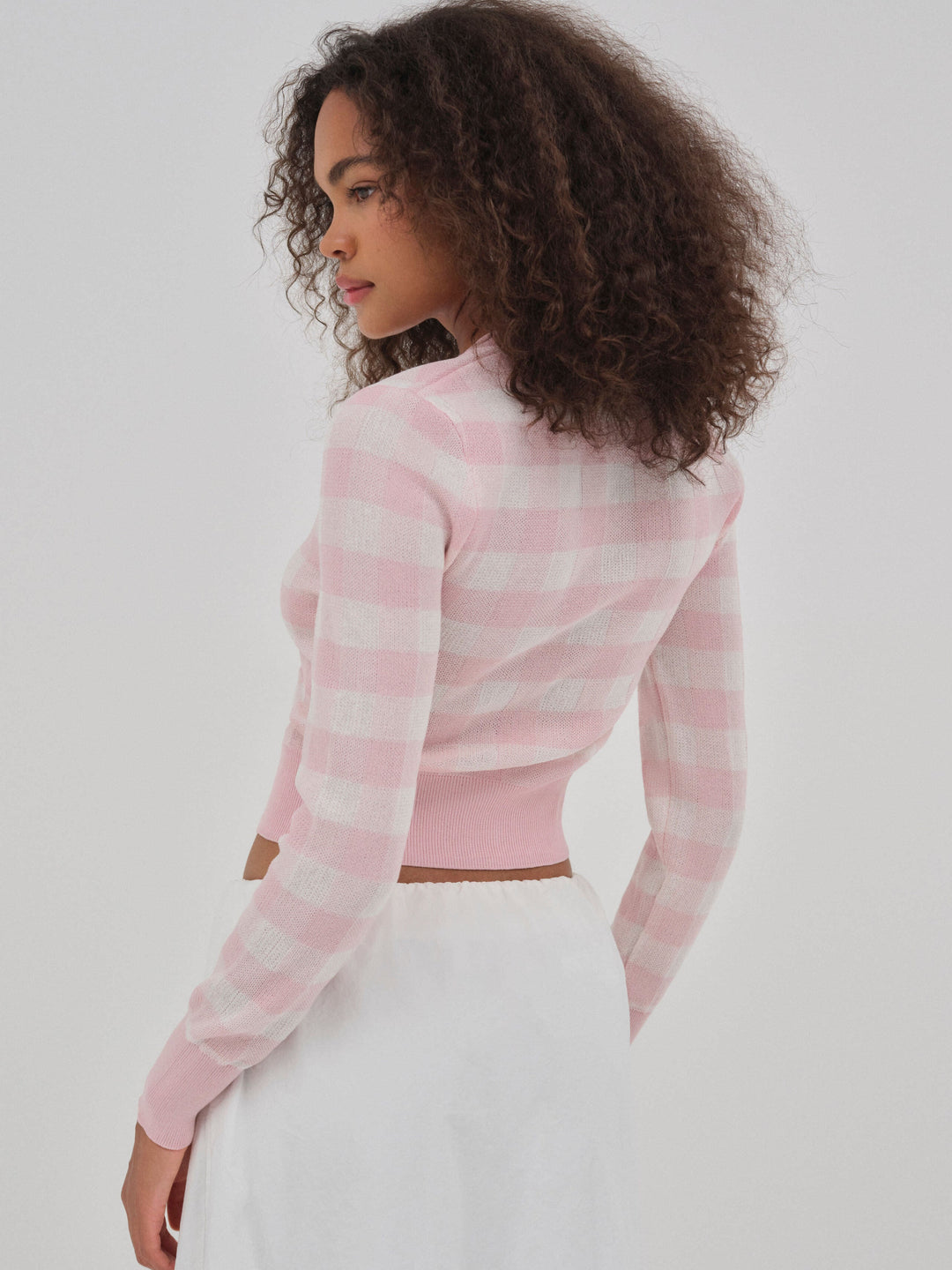 Brushed Gingham Knit Cardigan Pink