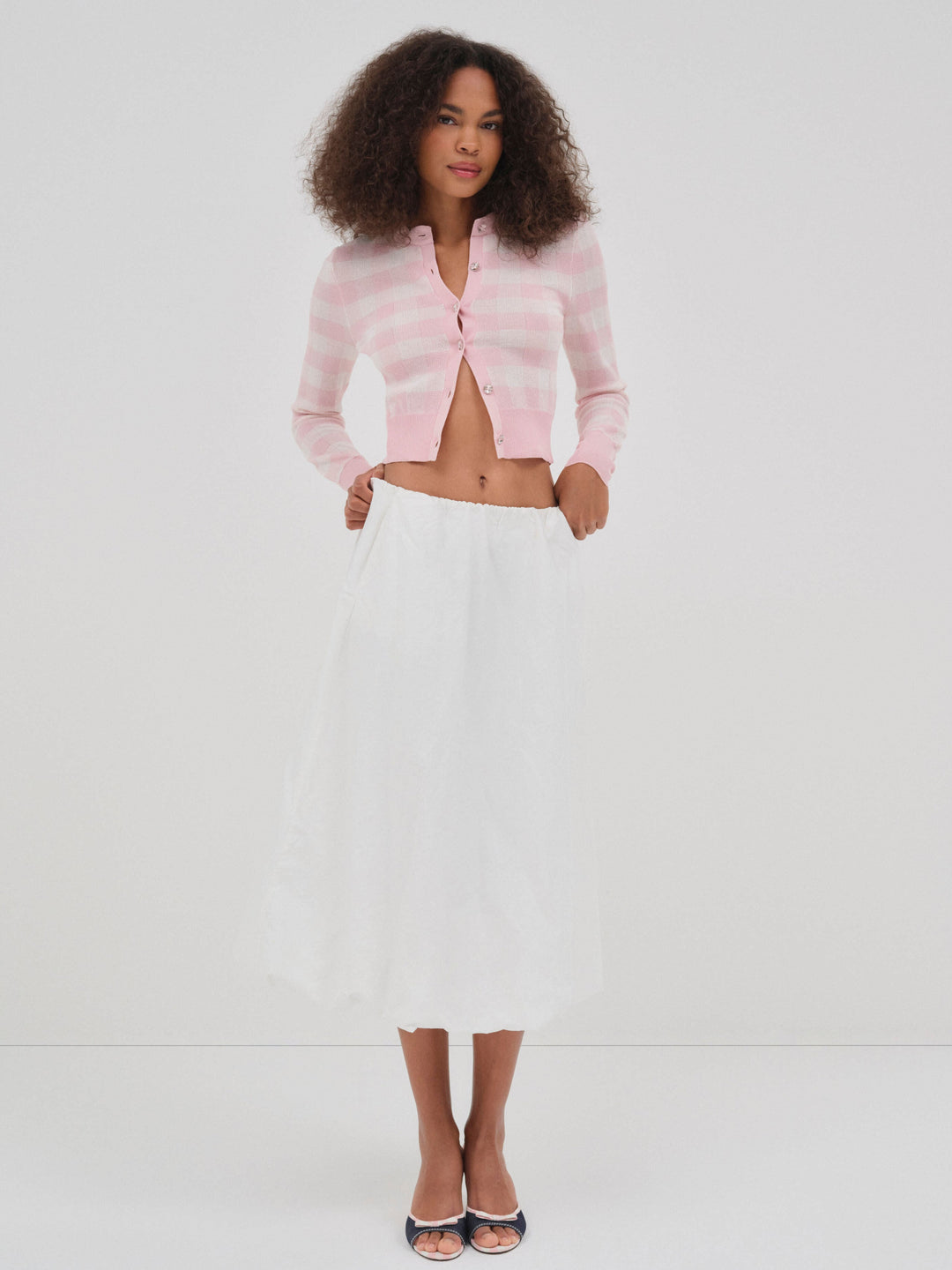 Brushed Gingham Knit Cardigan Pink