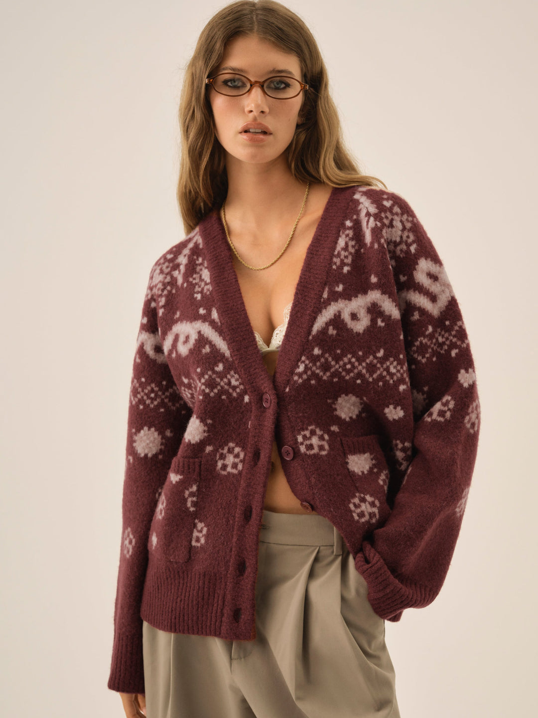 Arabella Intarsia Chunky Cardigan Mauve