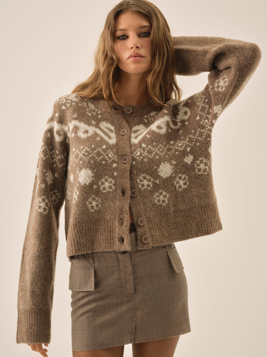 Arabella Intarsia Crewneck  Cardigan Brown