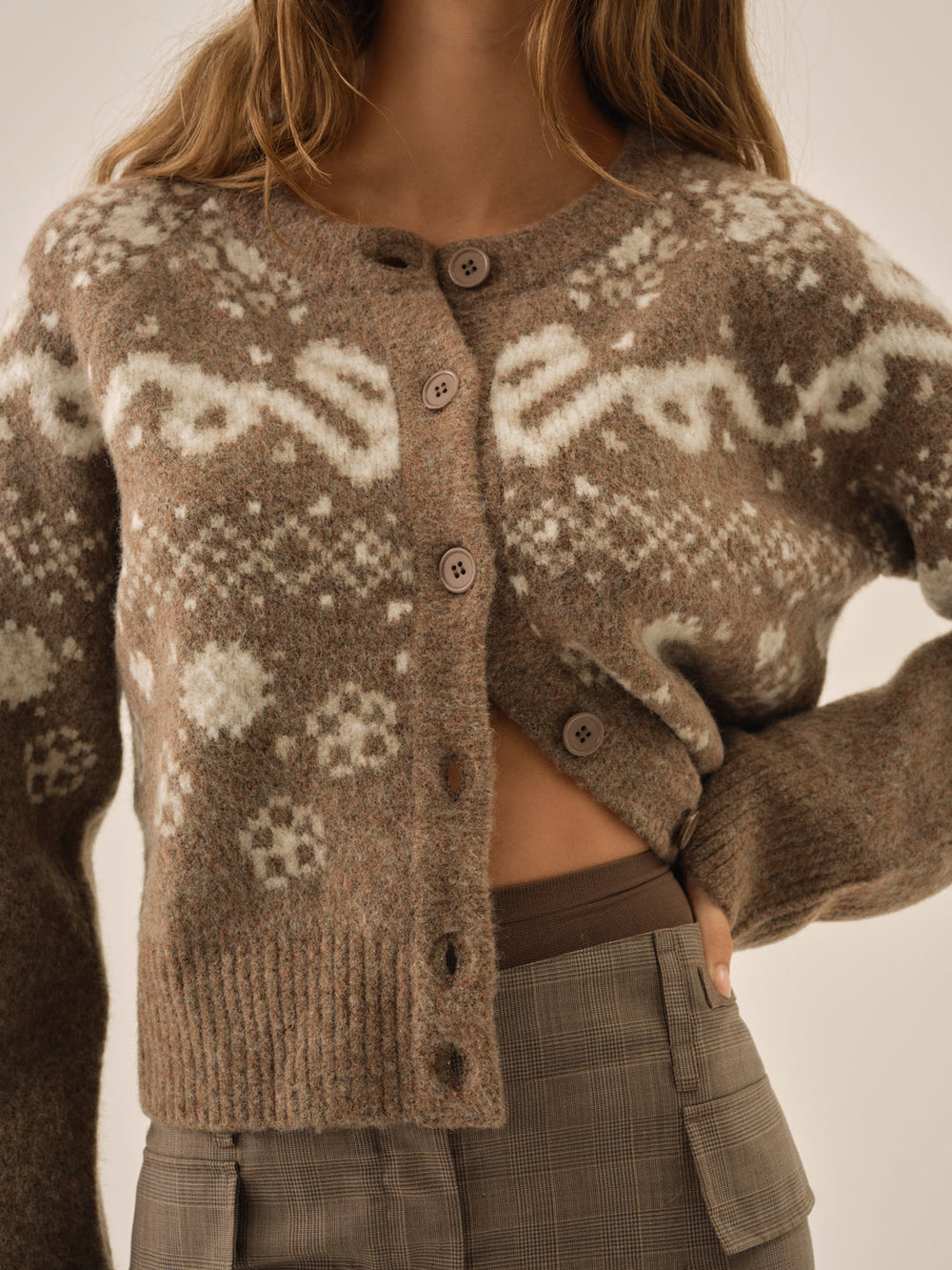 Arabella Intarsia Crewneck  Cardigan Brown