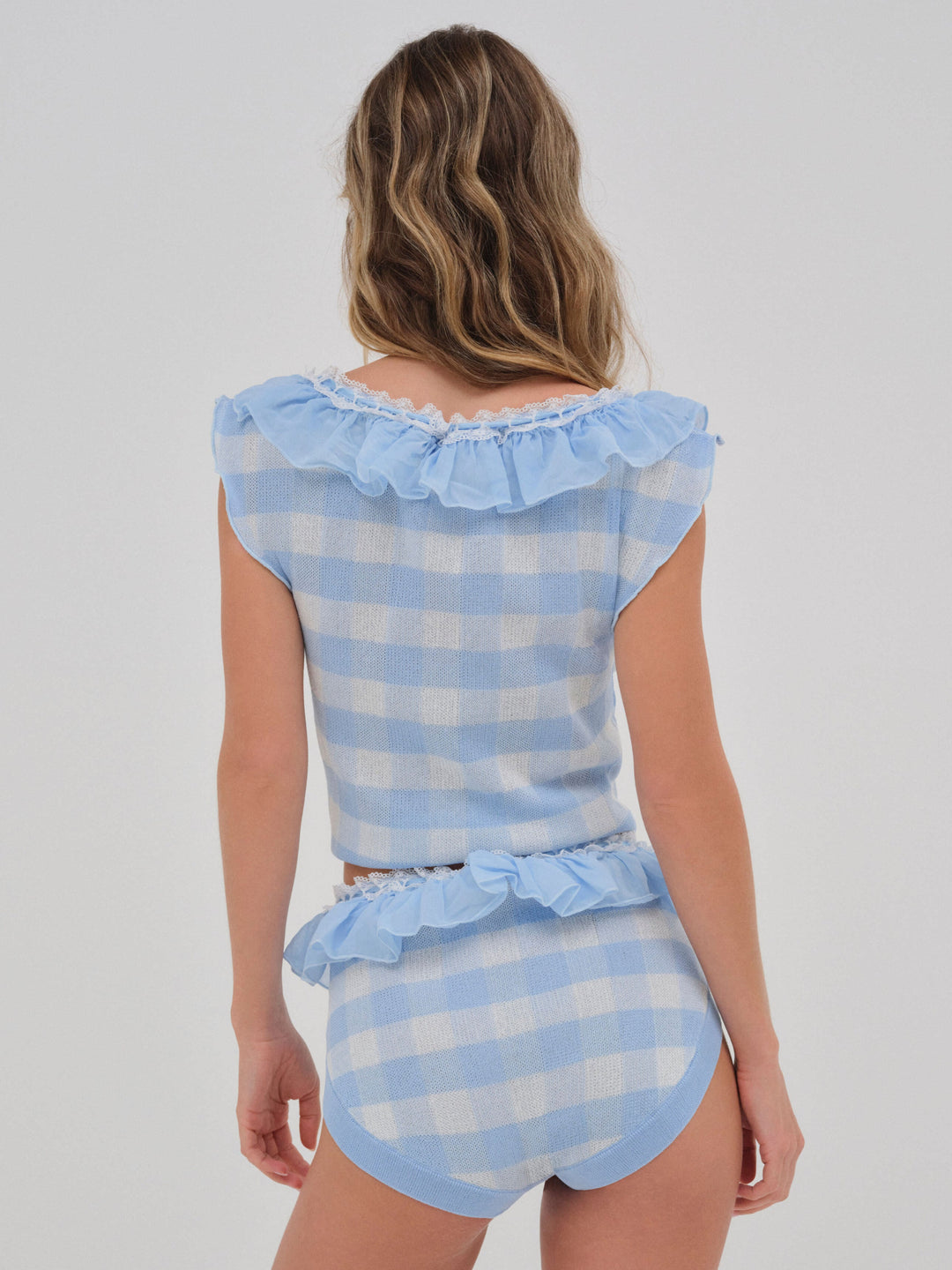 Brushed Gingham Knit Top Blue