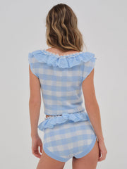 Brushed Gingham Knit Top Blue