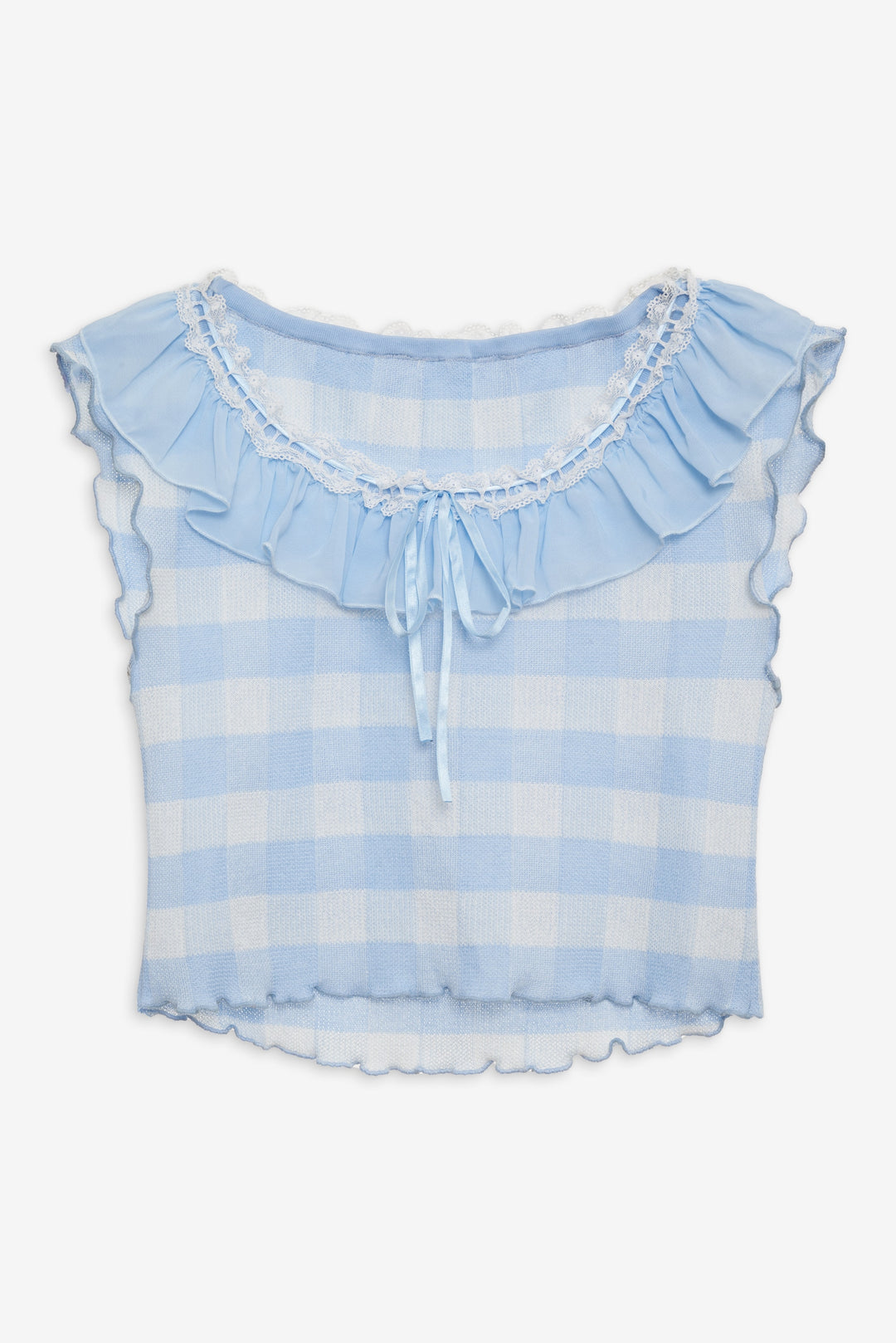 Brushed Gingham Knit Top Blue
