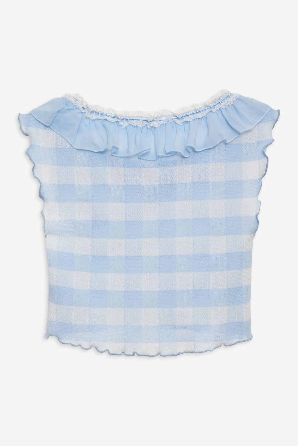 Brushed Gingham Knit Top Blue