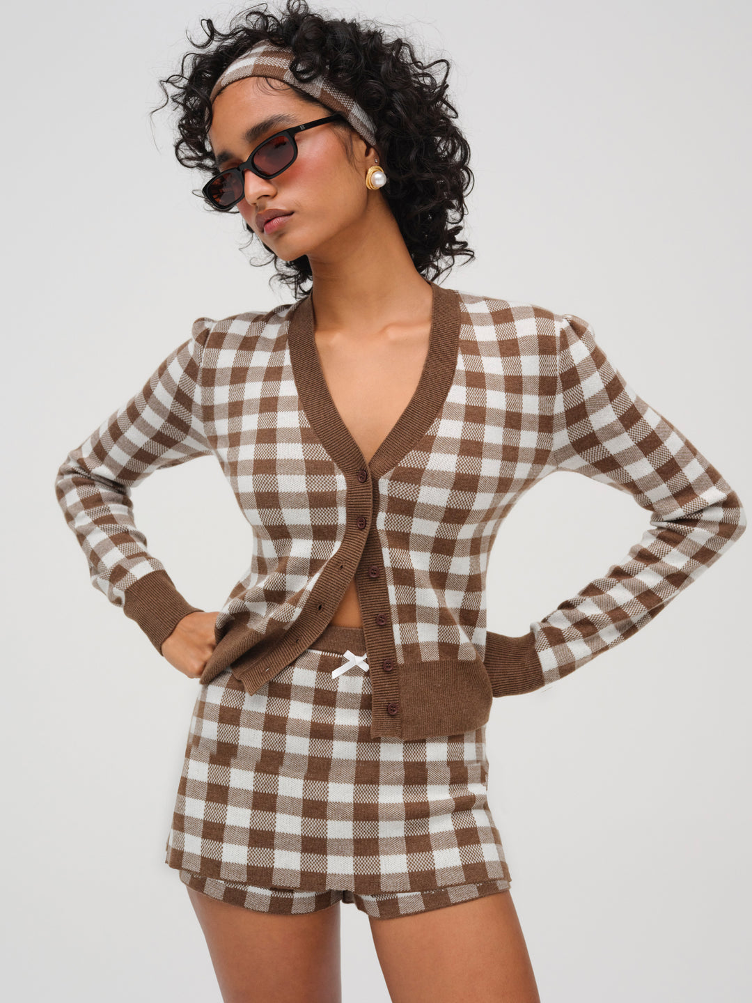 Gingham Knit Cardigan Brown