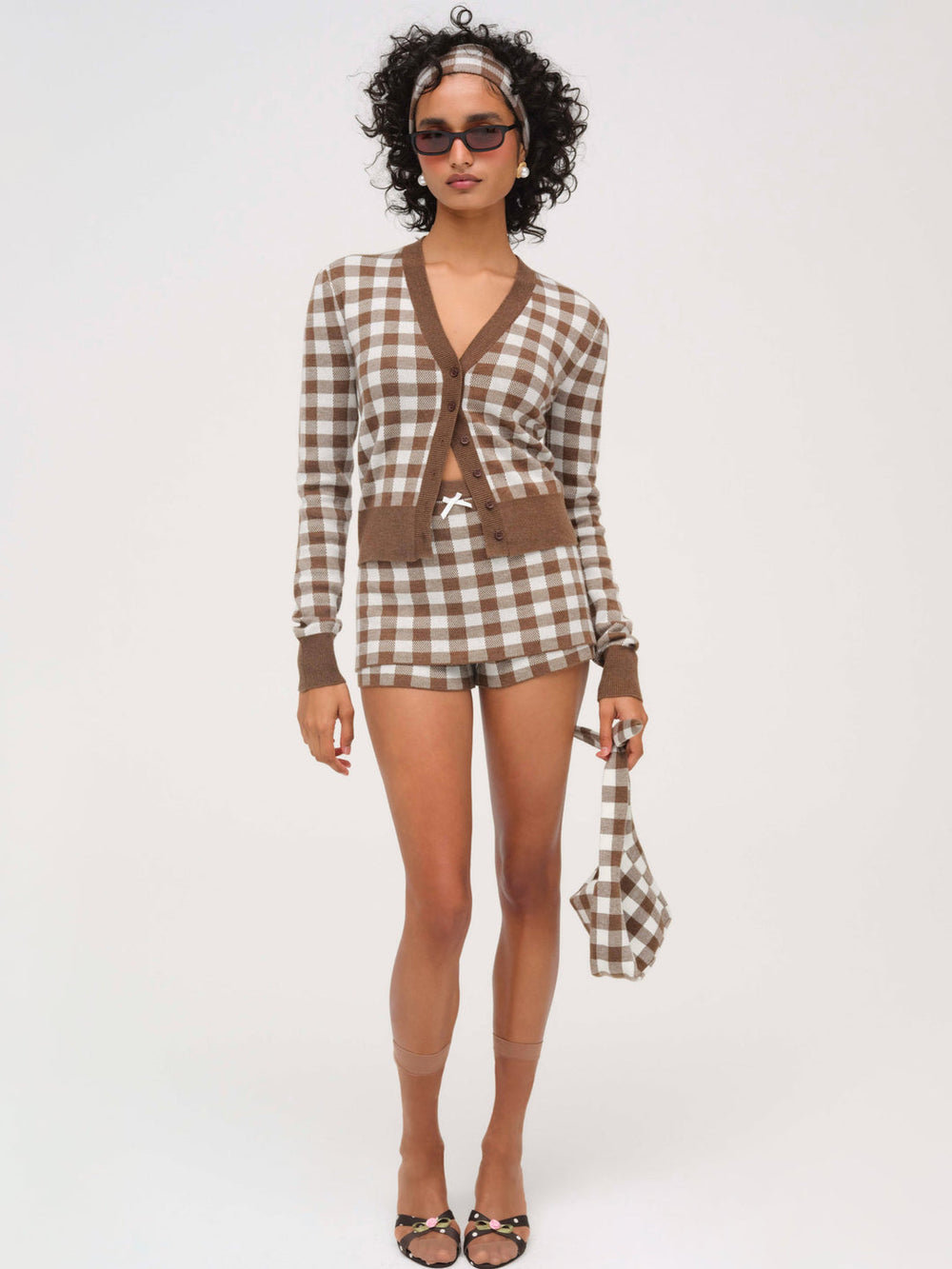 Gingham Knit Cardigan Brown