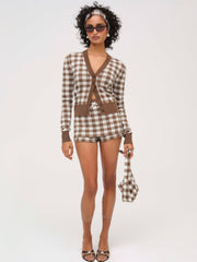 Gingham Knit Cardigan Brown