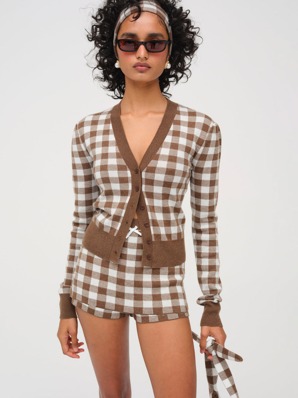 Gingham Knit Cardigan Brown