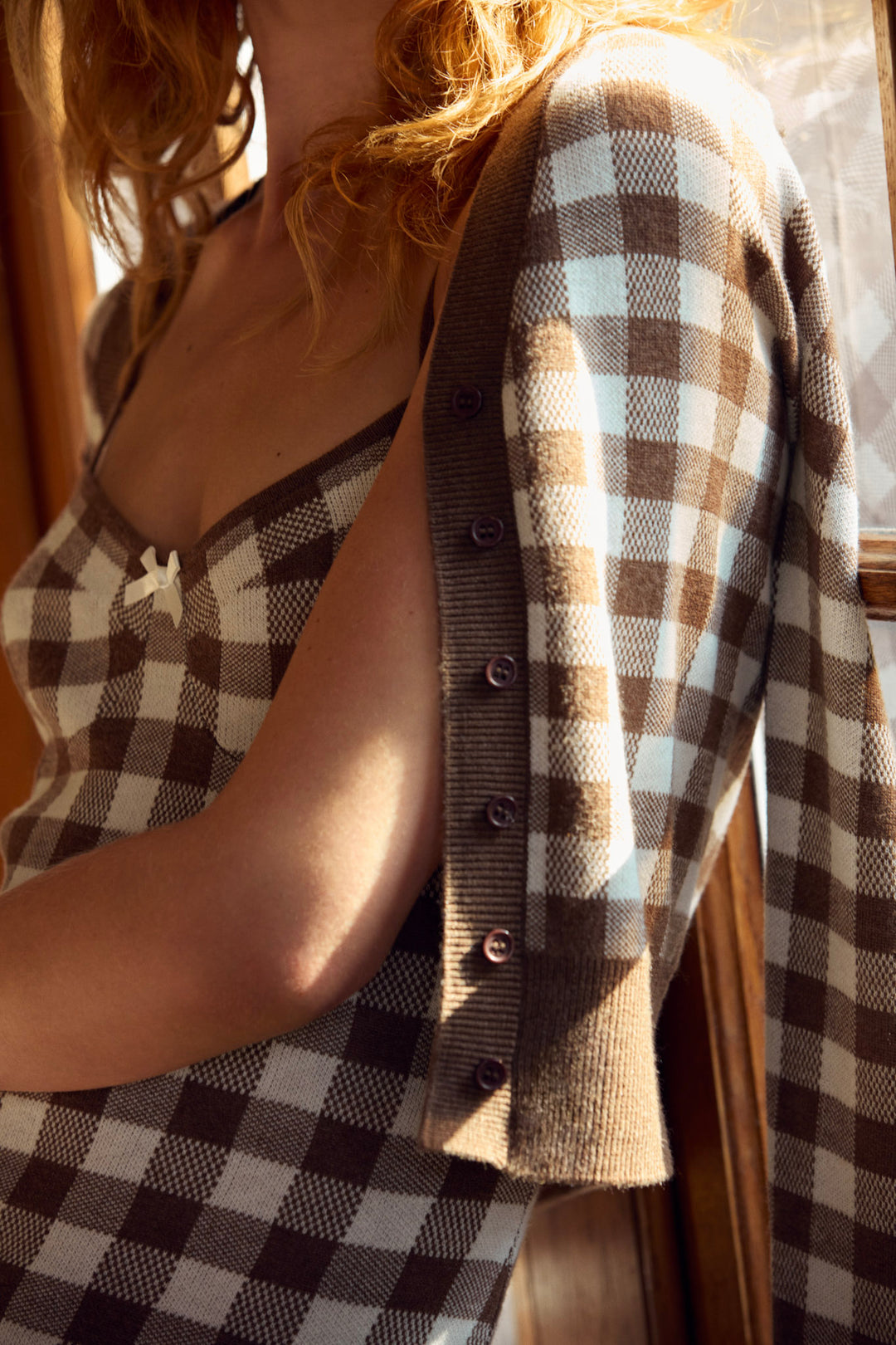 Gingham Knit Cardigan Brown
