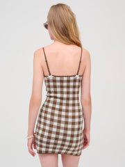 Gingham Knit Mini Dress Brown