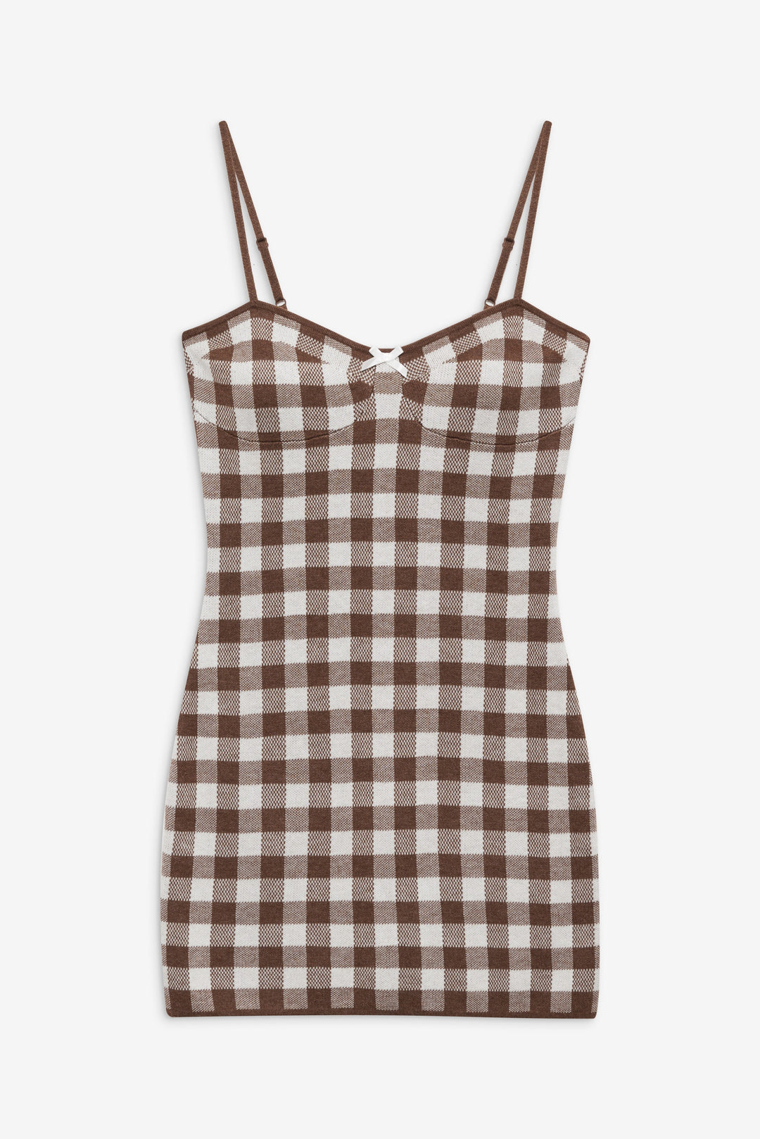 Gingham Knit Mini Dress Brown