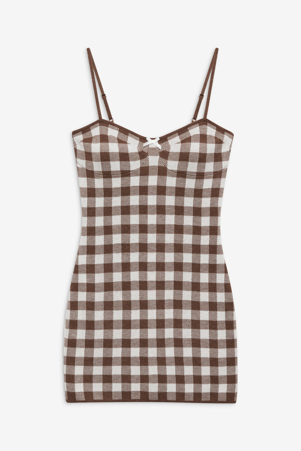 Gingham Knit Mini Dress Brown