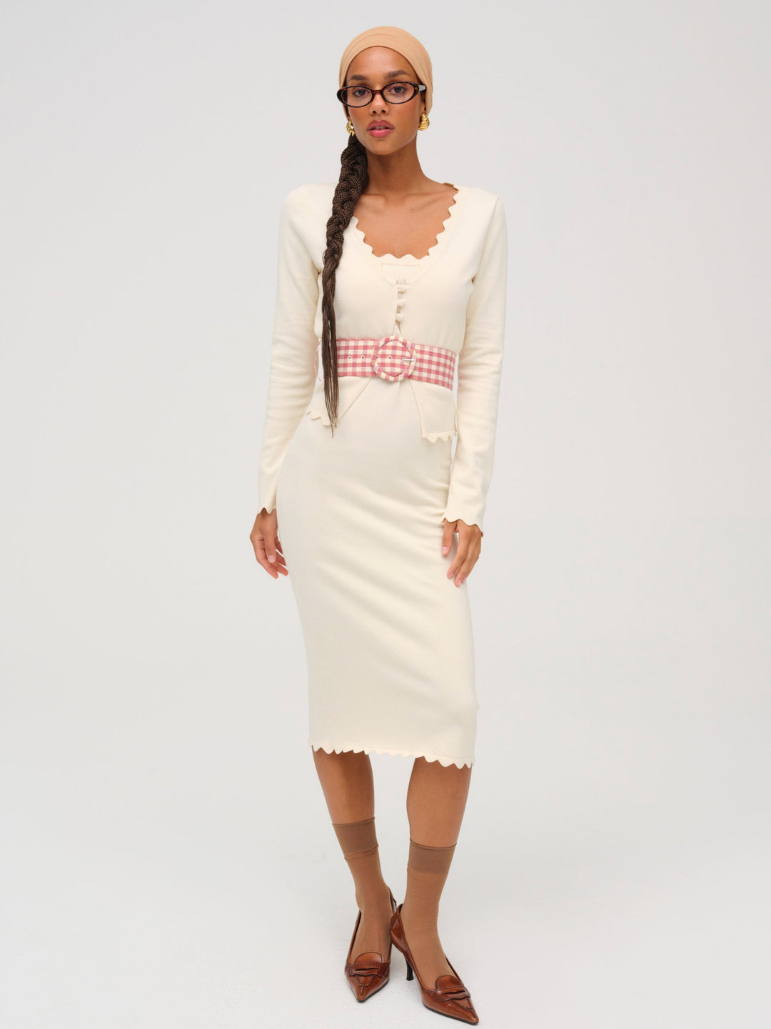 Sisi Scallop Knit Midi Dress Cream