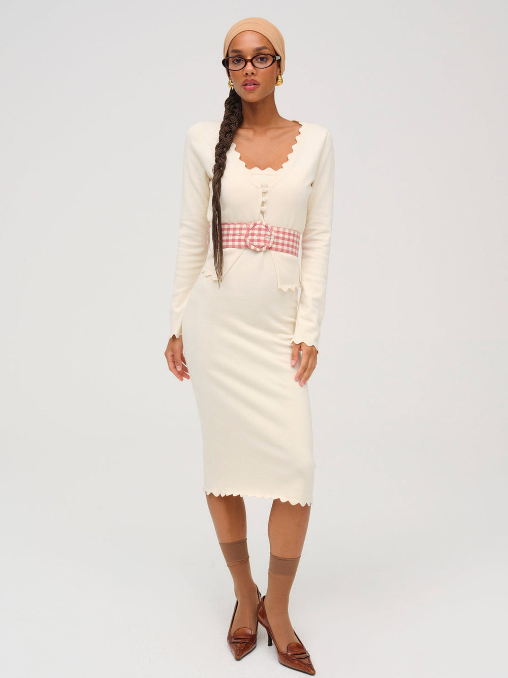 Sisi Scallop Knit Midi Dress Cream