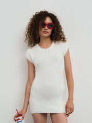 Fuzzy Knit Mini Dress White